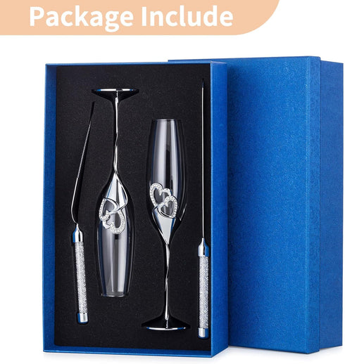 Silver Creative Heart Set with Diamonds Champagne Flutes - Wedding Glasses for Bride & Groom
